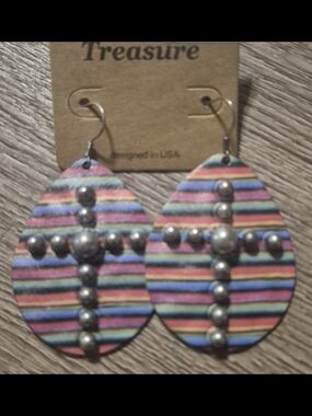 Treasure Multicolor Striped Metal Teardrop Earrings with Silver Stud Cross